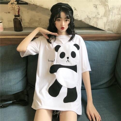 Cute Panda Womens Short Sleeve T-shirt Summer Cartoon Party T Shirt for Girls Loose Fashion Casual Printed Tops White Black
