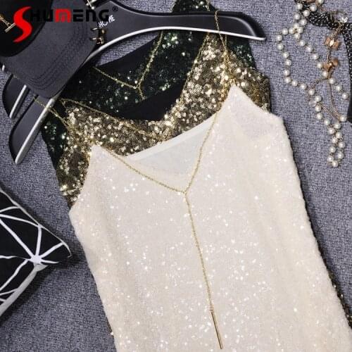2021 Spring Summer New Sexy V-neck Lady Tank Metal Chain Black Sequined Camisole Fashionable Sleeveless Bottoming Shirt Top