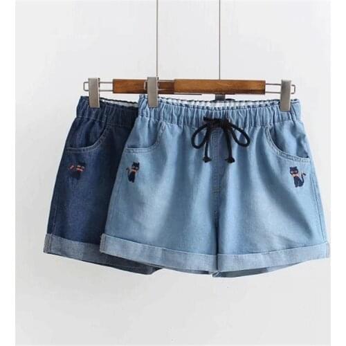 Japanese Soft Sister Rolled Kawaii Women Denim Shorts Summer Cat Embroidery Elastic Drawstring Waist Cuffs Casual Jean Shorts