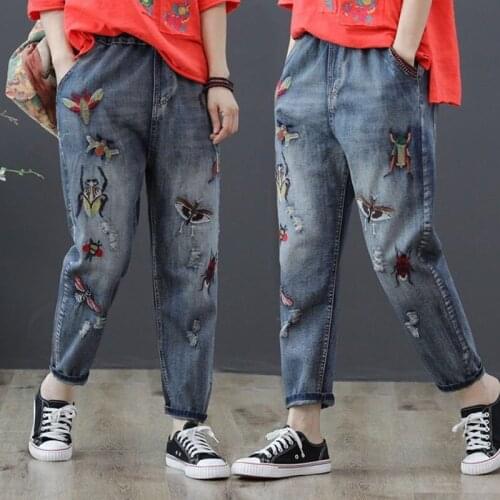 Elastic Waist Womens Harem Pants 2021 Spring Autumn Embroidery Jeans Female Retro Folk-Custom Cowboy Loose Casual Trousers L134