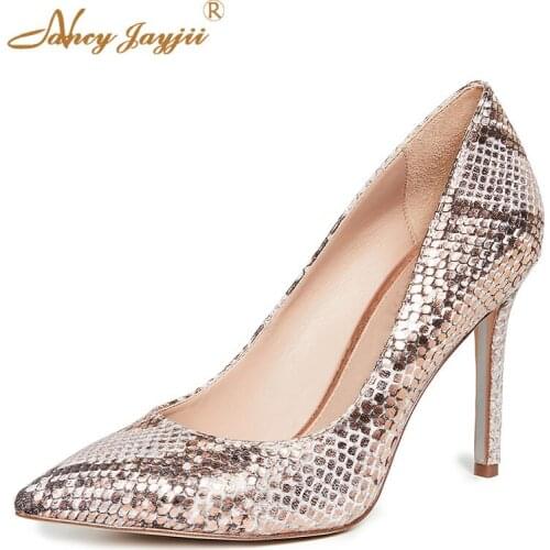 Women Pumps Summer Spring/Autumn Patent Leather Snake Print Sewing High Heels shoes Party Fashion Leisure Big Size 45