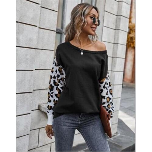 Autumn Womens Long-sleeved Pullover One-way Neck Stitching Leopard Print Drop-shoulder Sleeve Top Ladies Sexy Casual T-shirt