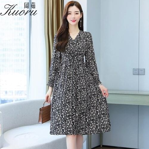 Black Midi Autumn Long Sleeve Dress Women Chiffon Vestido Floral Yellow Streetwear Robe Femme Chic Vestidos De Mujer Casual