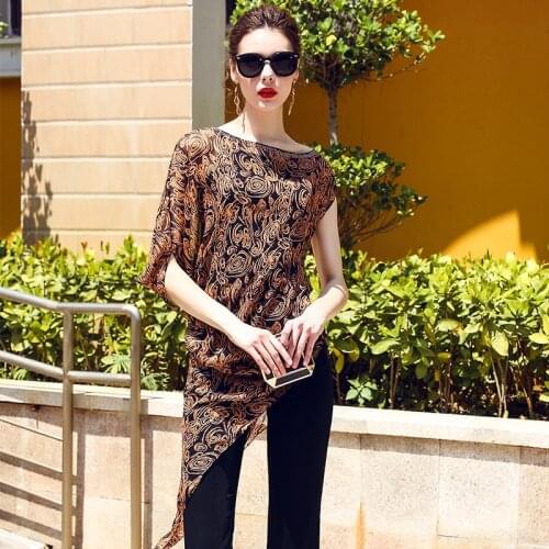 100% Real Silk Blouse Womens Tops and Blouses Irregular Print Long Shirts Elegant Boho Summer Clothes Blusas LWL1716