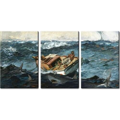 3 Panel World Famous Painting Reproduction on Canvas Wall Art - The Gulf Stream by Winslow Homer, Ready to Hang Drop shipping