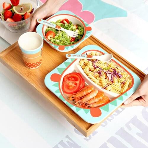 5Pcs/Set Cute Animal Cat Bamboo Fibre Baby Bowl Cup Spoon Plate Fork Tableware