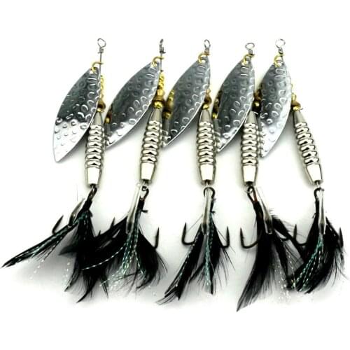 5pcs Metal Lure Fishing Spoon Bait 10cm 16.5g Artificial Black Feather Spinner Bait Silve Retail Box Peche Fishing Tackles