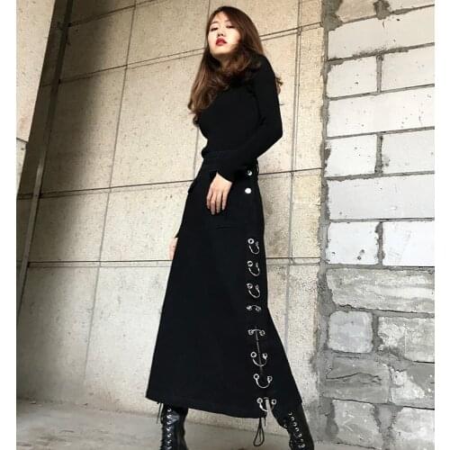Free Shipping New Long Mid-calf Skirt Slim Hip Straight Skirt For Women Autumn Winter Denim Thick Skirts S-XL With Slit Punk