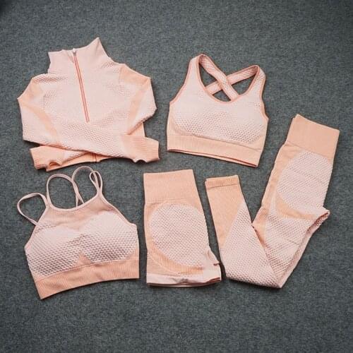 2/3/5PCS Seamless Womans Yoga Set Workout Sportswear Gym Clothing Fitness Long Sleeve Crop Top High Waist Leggings Sports Suits