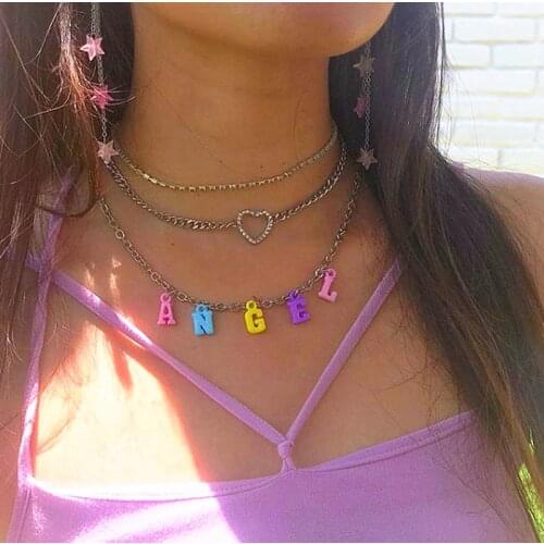 Harajuku Letter Crystal Angel Necklace Chain BABY Rhinestone Choker Couple Gift Pendant Aesthetic Femme Collier Women Jewelry