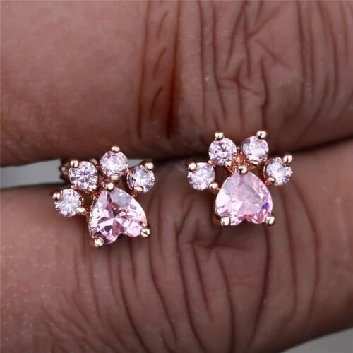 Elegant Pink White Heart Zircon Earrings Cute Cat Paw Screw Back Stud Earrings Rose Gold Color Small Earrings For Women Wedding