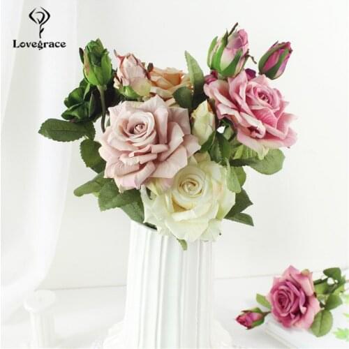 Fake Rose Bouquet Vases For Home Decor Large Retro Silk Blue Roses Wedding Decor Plants Bridal Floristics Artificial Flowers