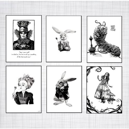 Alice In Wonderland Art Print Canvas Painting Posters and Prints Wall Art Picture Black White Girl Room Cartoon Home Decoration
