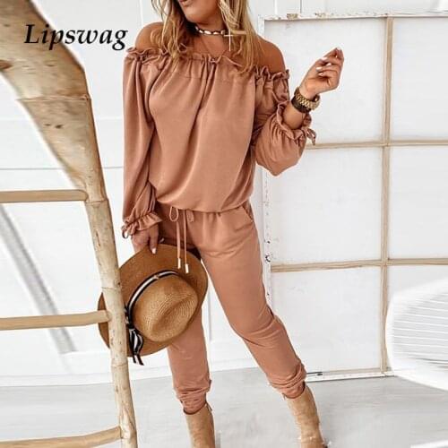 2021 Fashion Sexy Off Shoulder Ruffle Romper Women Casual Pocket Cargo Pants Jumpsuit Summer Spring Long Sleeve Overall Playsuit