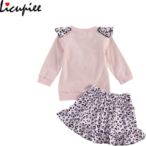 2 Pcs Infant Leopard Ruffle Outfits Toddler Long Sleeve Round Neck Pullover + Short Skirt Baby Girl Skirt Soft Sweet 0-12 Months