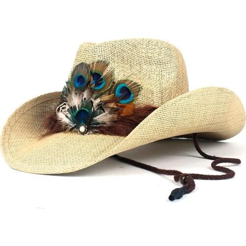 Fashion Peacock Feather Hollow Western Cowboy Hat for Summer Lady Straw Sombrero Hombre Beach Cowgirl Jazz Sun Hat Size 56-58CM