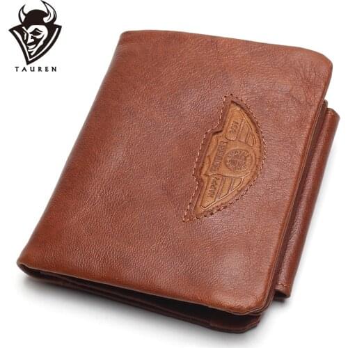 TAUREN Men Wallet 100% Design Men Trifold Wallets Fashion Purse Card Holder Wallet Man Genuine Leather With Zipper Coin Pockets