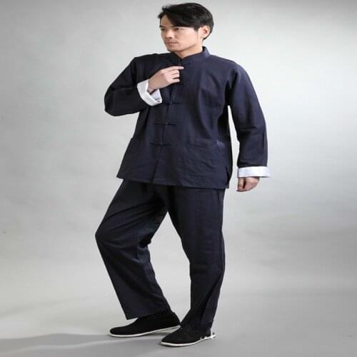 Mens Tang Suit Cotton and Linen Long-Sleeve Suit Mens Tai Chi Exercise Clothing Suit