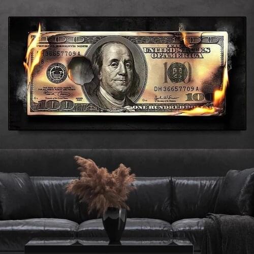 Flaming Dollar Canvas Posters And Prints Inspirational Money Modern Art Creative 100 Dollars Picture Room Wall Decor Painting