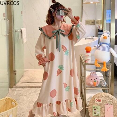 Spring Autumn Kawai Girl Casual Loose Dress Sweet Printing Long Sleeve Ruffles Nightgown Women Fashion Cute Homewear Sleepshirts