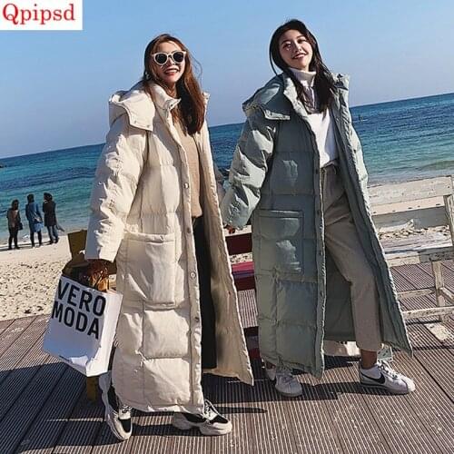 Winter Down Cotton Jacket Coat 2021 New X-Long Down Parkas Womens Thicken Warm Down Cotton Coats Female Hooded Solid Down Jacket