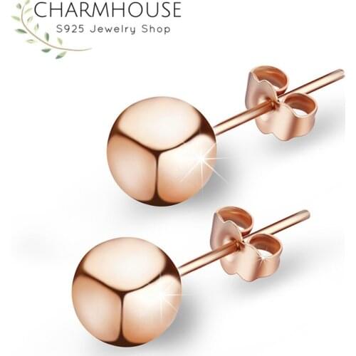 Charmhouse Stud Earrings For Women Rose Gold Color 6MM Buddha Beads Earing Brincos Femme Wedding Bridal Jewelry Accessories