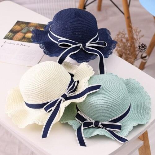 REYI001 summer kids girl casual straw hat Baby children Breathable Floppy large brim ribbon bowknot sun hat panama gorros