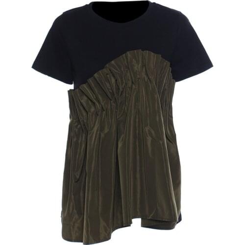 O-Neck Short-Sleeved Irregular Stitching Loose T-Shirt 2021 Summer New Black and Army Green Pleated T-Shirt Top