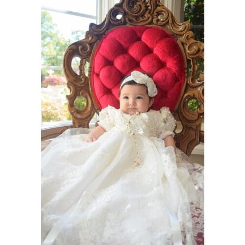 Vintage Toddler Girls Christening Dress with Headband White Lace Pearls Baby Girl Birthday Gowns Baptism Dresses Custom Made