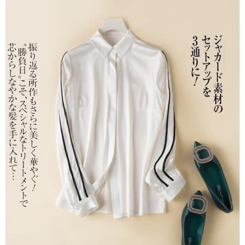 2019 Spring New Women Silk Shirts Long Sleeves White and Black Splicing T-shirt OL Silk Shirts Luxury Shirts