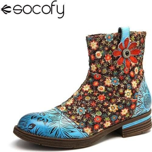 Socofy Women Flowers Splicing Genuine Leather Comfortable Ankle Boots Ladies Shoes Elegant Shoes Women Botines Mujer 2020