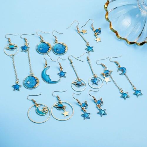 2018 New Korean Japan Lovely Blue Enamel Universen Moon Star Asymmetric Circle Long Earrings For Women Girl Spacecraft Brinco