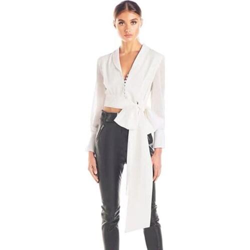 Women Fashion Mesh Patchwork Blouses Ladies Hollow Out Bow Tie Up Special Tops Shirt Spring Autumn Long Sleeve V Neck Short Top