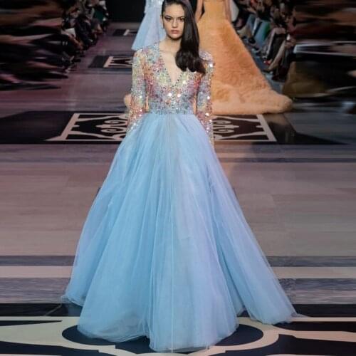2021 New Colorful Sparkle Sequined A-line Prom Gowns Sky Blue Long Formal Party Dresses Full Sleeves Vestidos De Fiesta