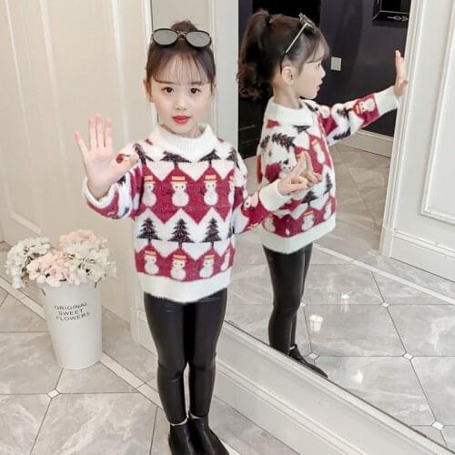 Winter Children Christmas Tree Sweater Mink Cashmere Teenage Girls Clothes Warm O-neck Kids Snowman Knitted Pullover 4-13T