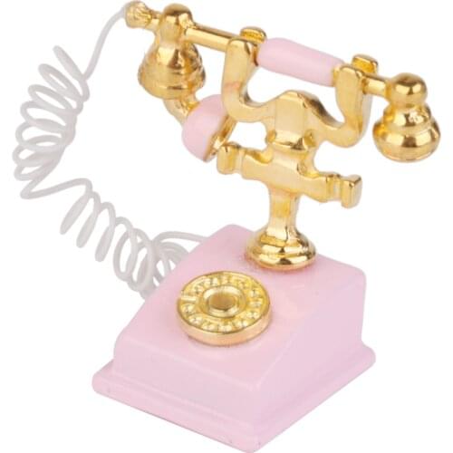 1/12 Retro Phone Pink Vintage Desk Telephone Dollhouse Miniature Simulation Toy