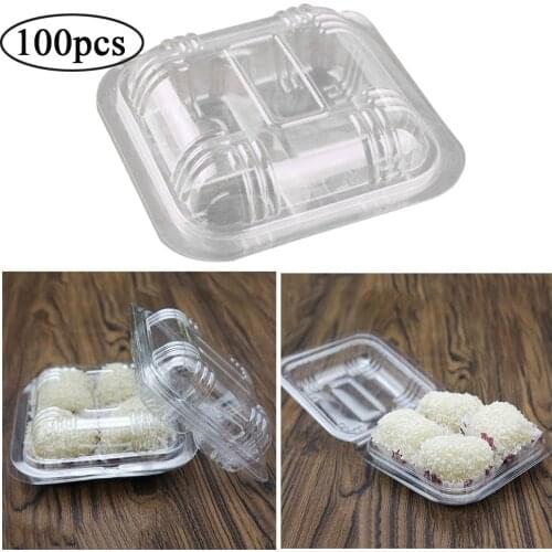 100pcs Disposable Plastic Box Packaging Boxes With Lid Transparent Plastic Boxes 4 Grid Takeout Food Containers For Fruits Cake