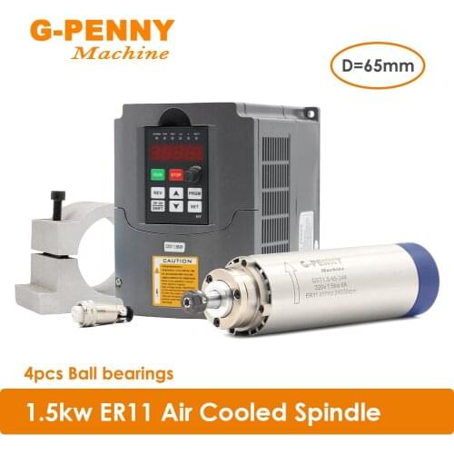 New arrival! 1.5kw ER11 air cooled spindle 24000rpm air cooling 400Hz 4 bearings 65x204mm & 1.5kw VFD/ Inverter & 65mm bracket