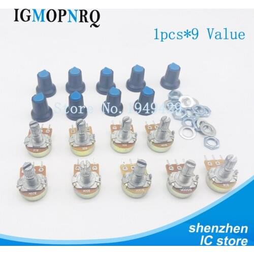 9PCS(1pc*9 Value) WH148 Potentiometer 15mm Shaft With Nuts And Potentiometer Button Cap for 1K 2K 5K 10K 20K 50K 100K 500K 1M