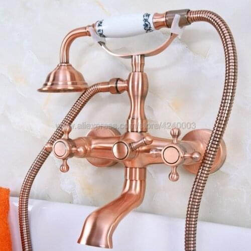 Antique Red Copper Brass Bathroom Tub Faucet W/Hand Shower Sprayer Clawfoot Mixer Tap Wall Mounted Kna341