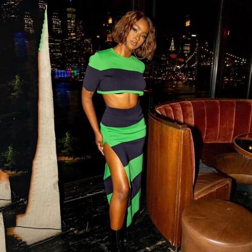 BKLD New Fashion Striped 2 Piece Set Women Summer Night Out Outfits Sexy Crop Top T-shirt And High Slit Long Skirt Matching Sets