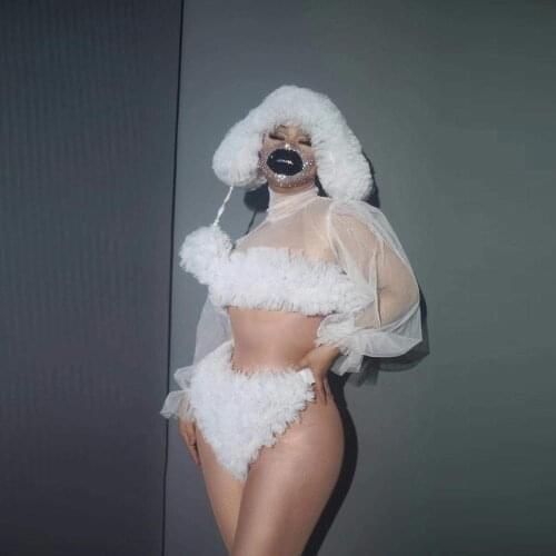 Women Nightclub Party Stage Outfit Sets Pole Dance Performance Wear Sexy White Red Mesh Perspective Sleeve Bra Top + Shorts Hat