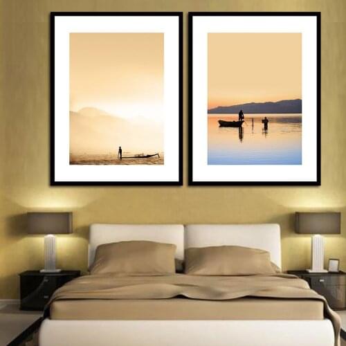 Fishing Boat Mountain Water Modern Minimalist Living Room Oil Painting Landscape Pictures for Wall Decoration B5053