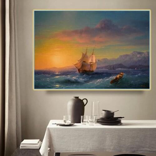 Holover Canvas Oil Painting Ivan Aivazovsky"Ship at Sunset off Cap Martin"Romanticism Poster Aesthetic Home Interior Decoration