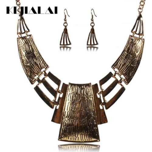 KEJIALAI Vintage Women Jewelry Metal Big Drop Necklace Earings Hollow Out Earrings Ethnic Statement Jewelry Set QD-TL9340