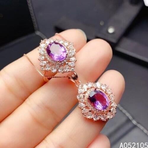 KJJEAXCMY fine jewelry 925 sterling silver inlaid Natural Amethyst women exquisite elegant gem pendant ring set support detectio