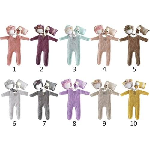 4 Pcs/Set Baby Infants Hat Pillow Romper Jumpsuit Bear Doll Newborn Photography Props Photo Shooting Clothing Outfits