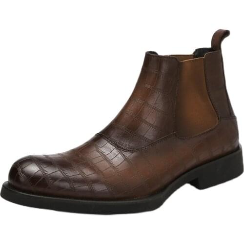 Hot Selling Cow leather Mens Boots Ankle Martin Boots Shoes Fashion work Boots Crocodile pattern Retro Shoes elastic band