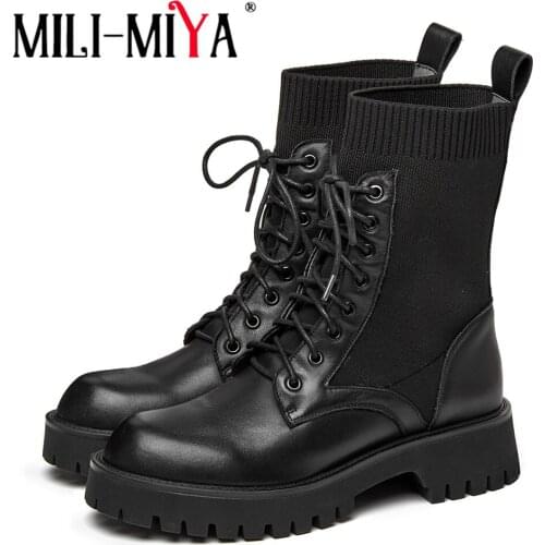 MILI-MIYA Autumn Winter Motorcycle Ankle Boots Chunky Heels Genuine Leather Knitting Round Toe Lace Up Women Night Club Shoes