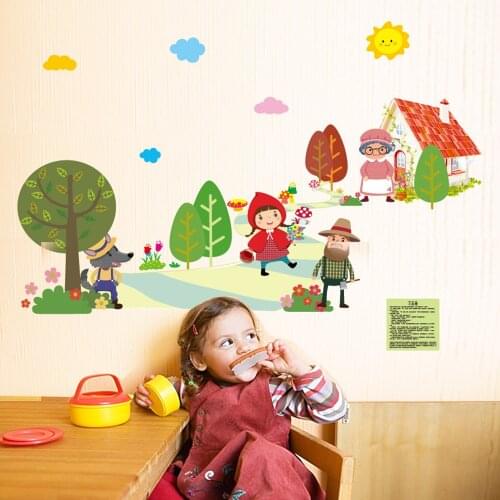 Cartoon wall stickers Little Red Riding Hood and Big Wolf Childrens Room Kindergarten Early Learning Story Kid Wall Stickers